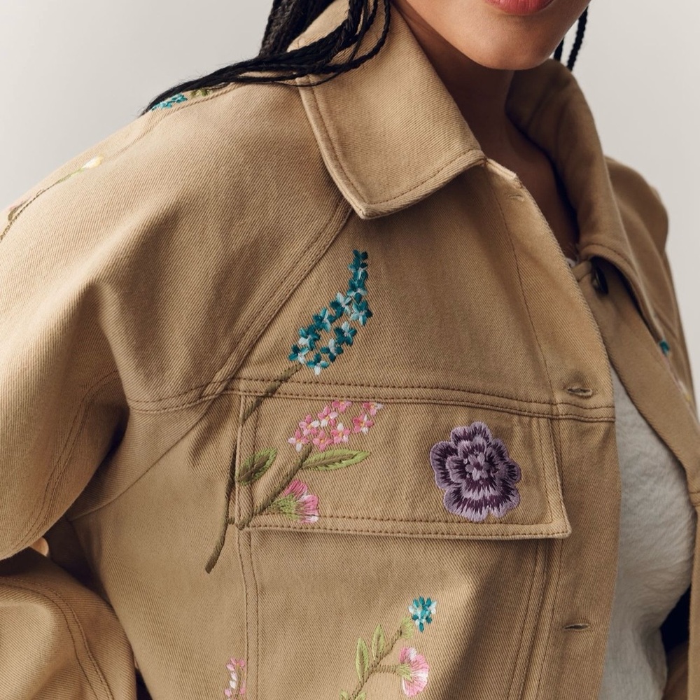Anthropologie Beige Jean Jacket with Floral Details - Picture 8 of 12